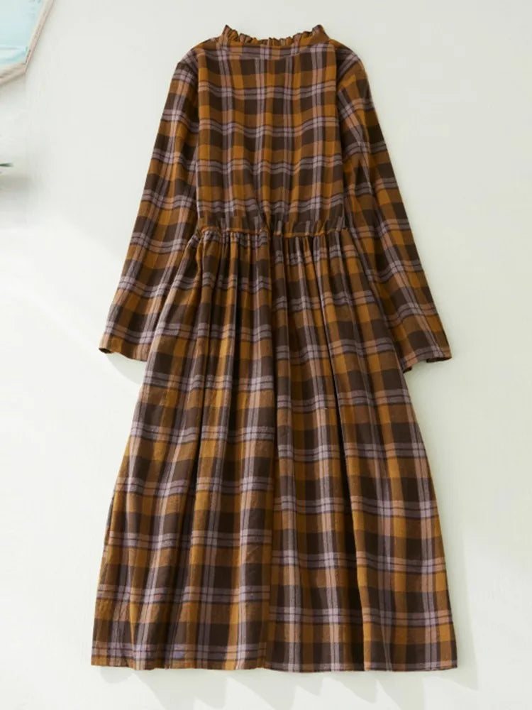 Women Casual Dress New Arrival 2022 Autumn Vintage Style Plaid Pattern Loose Comfortable Cotton Female A-line Long Dresses B2169