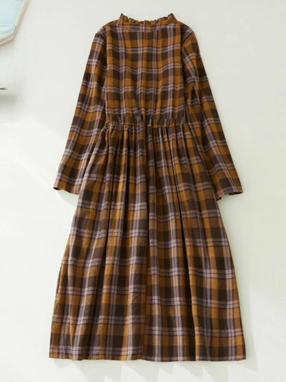 Women Casual Dress New Arrival 2022 Autumn Vintage Style Plaid Pattern Loose Comfortable Cotton Female A-line Long Dresses B2169