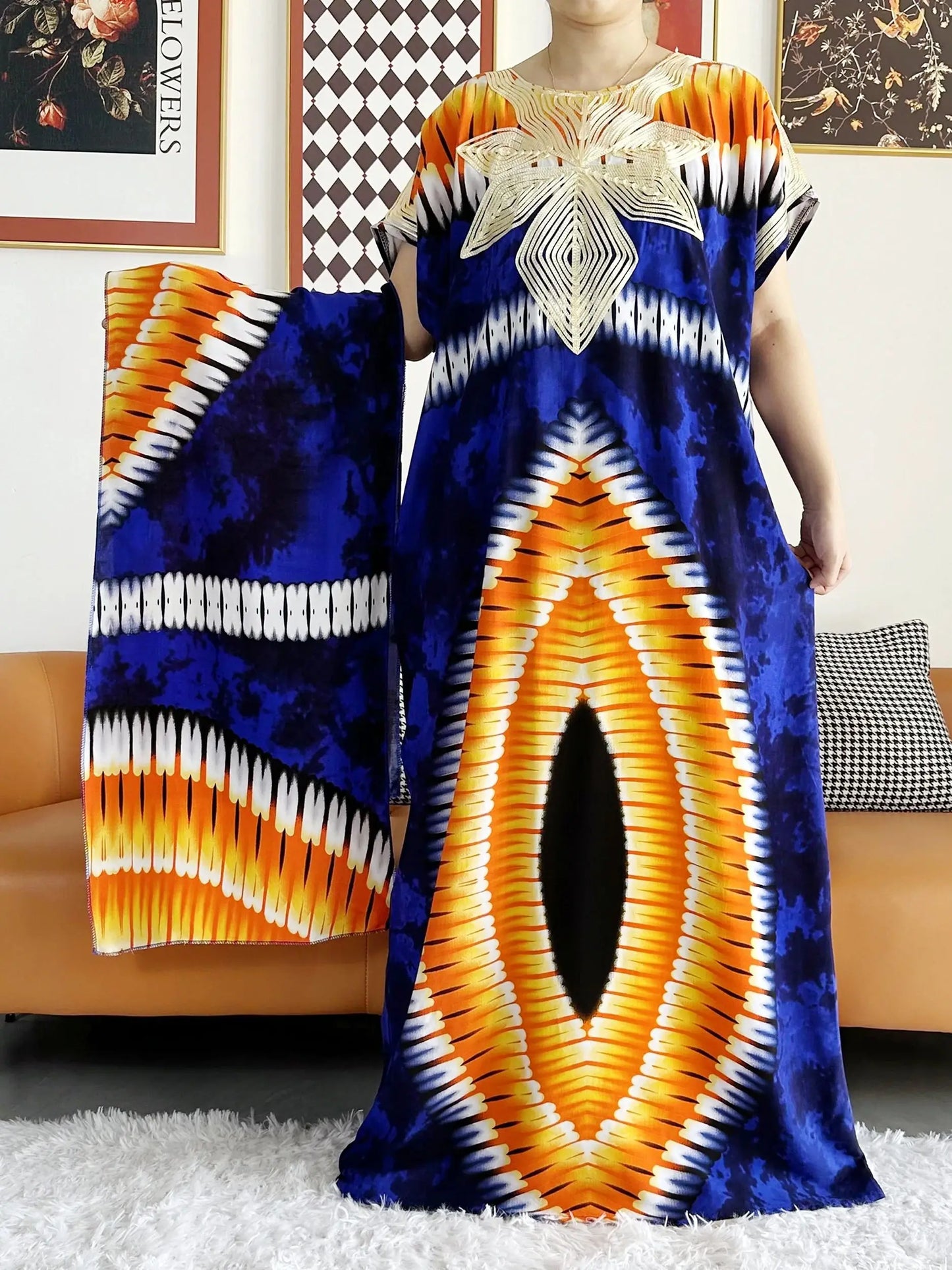 African Dashiki Dress Kaftan Abaya Cotton Boat-neck Floral Dress Printed Short Sleeve Loose Women Casual Dress with Scarf