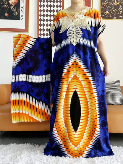 African Dashiki Dress Kaftan Abaya Cotton Boat-neck Floral Dress Printed Short Sleeve Loose Women Casual Dress with Scarf
