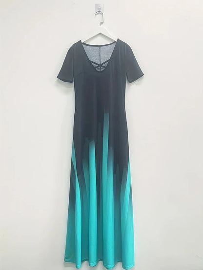 Women Casual Dress Side Pocket Short Sleeve Mint Green Gradient Maxi Dress