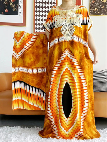 African Dashiki Dress Kaftan Abaya Cotton Boat-neck Floral Dress Printed Short Sleeve Loose Women Casual Dress with Scarf
