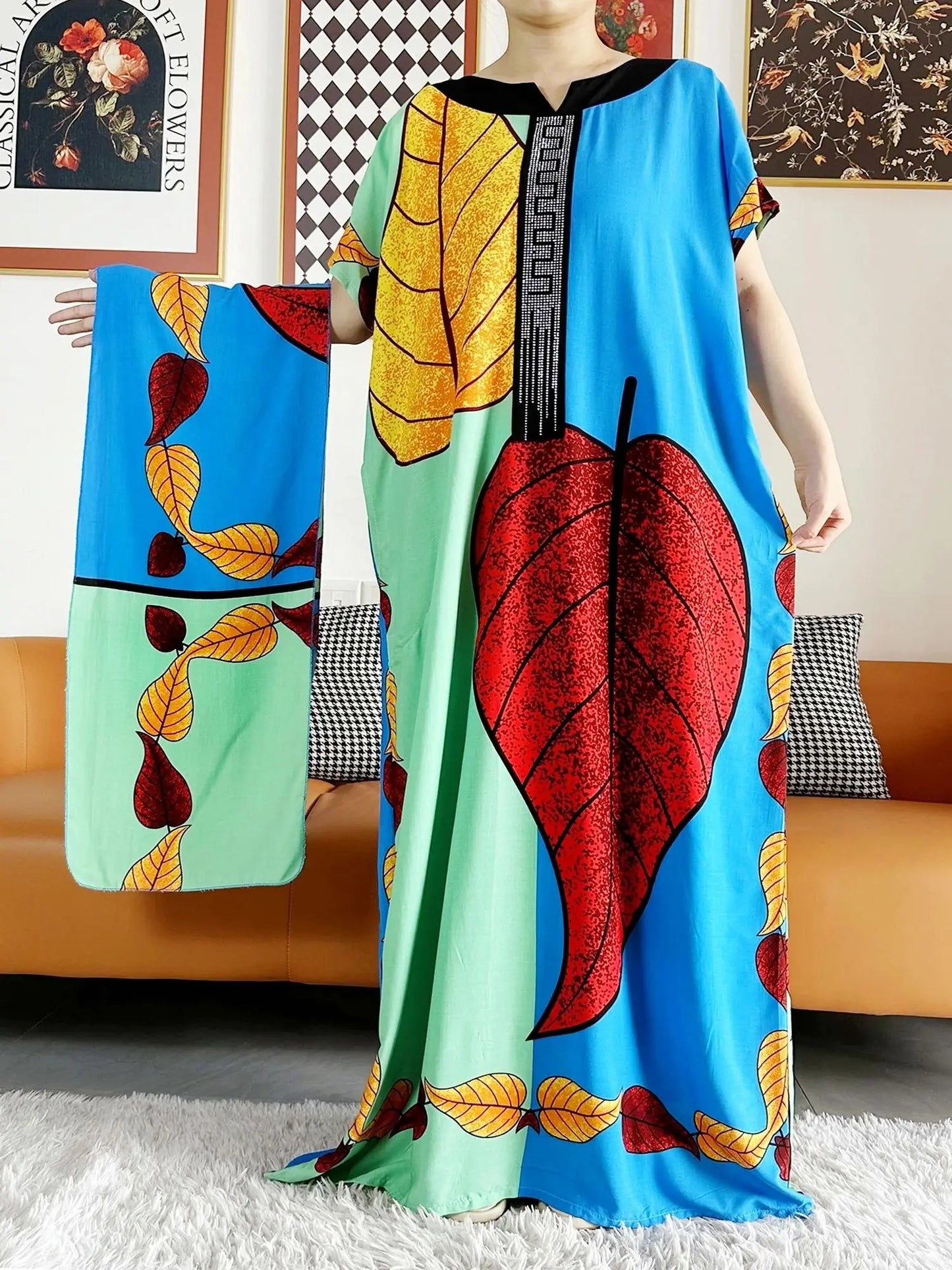 African Dashiki Dress Kaftan Abaya Cotton Boat-neck Floral Dress Printed Short Sleeve Loose Women Casual Dress with Scarf