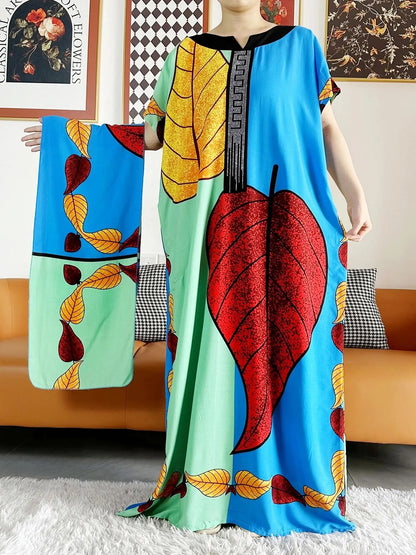 African Dashiki Dress Kaftan Abaya Cotton Boat-neck Floral Dress Printed Short Sleeve Loose Women Casual Dress with Scarf