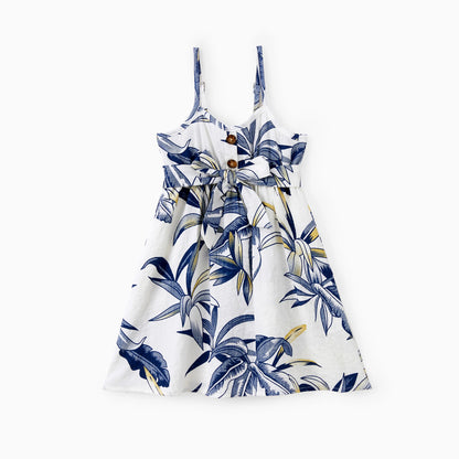 Family Matching Sets Plant Floral Shirt or Drawstring Front Halter Strap A-Line Dress