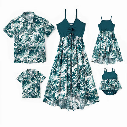 Family Matching Sets Leaf Pattern Beach Shirt or Drawstring Front Spliced Floral High-Low Dress