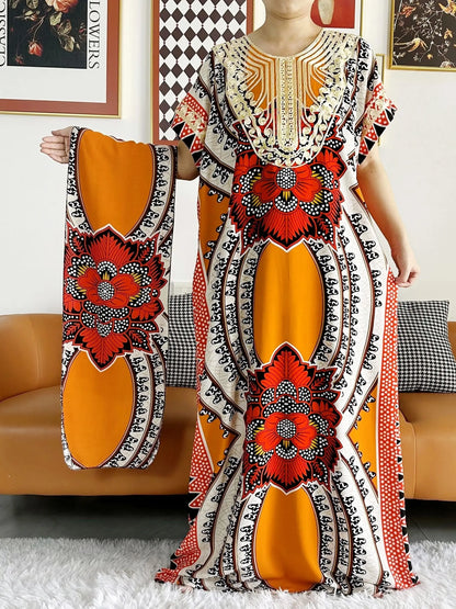 African Dashiki Dress Kaftan Abaya Cotton Boat-neck Floral Dress Printed Short Sleeve Loose Women Casual Dress with Scarf