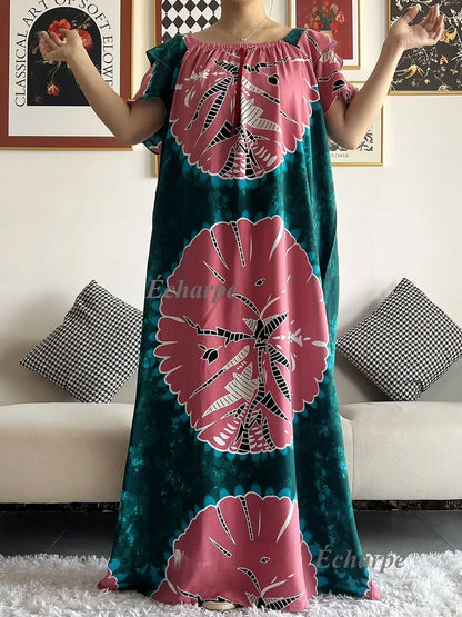 African Dashiki Dress Kaftan Abaya Cotton Boat-neck Floral Dress Printed Short Sleeve Loose Women Casual Dress with Scarf