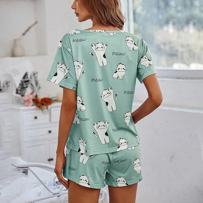 Women's Pajamas Set Cartoon Printed Sleepwear Home Clothes Summer Short Sleeved Tops and Shorts Pajama 2 Pieces Loungewear Women