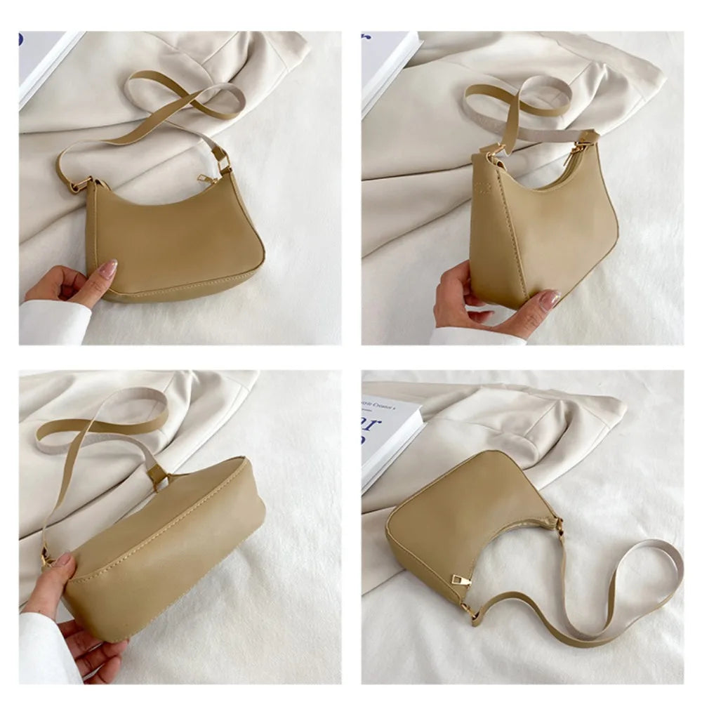 Women's Fashion Handbags Retro Solid Color PU Leather Shoulder Underarm Bag Casual Hobos Handbags