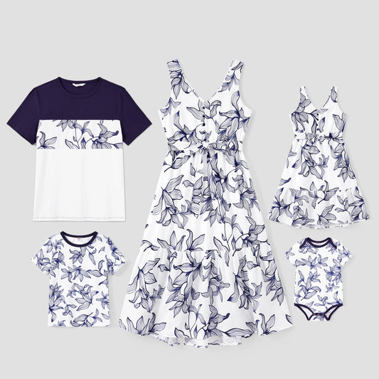 Family Matching Sets Floral Tee or V-Neck Faux Button Elastic Waist Sleeveless Dress