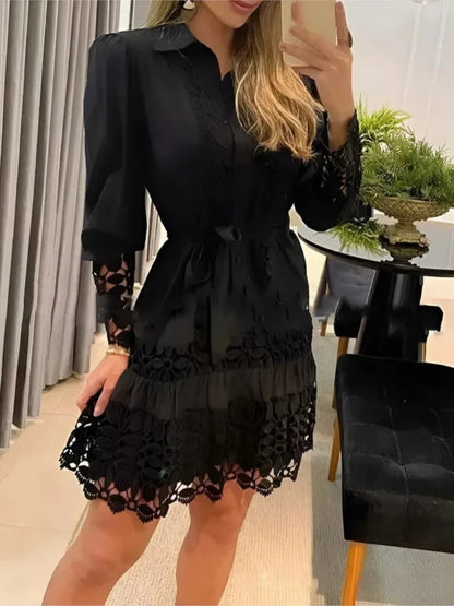 New Autumn Women Casual Dress Fashion Sexy Lace Hollow Solid Shirt Mini Dresses Long Sleeve Holiday Party Robe Femme