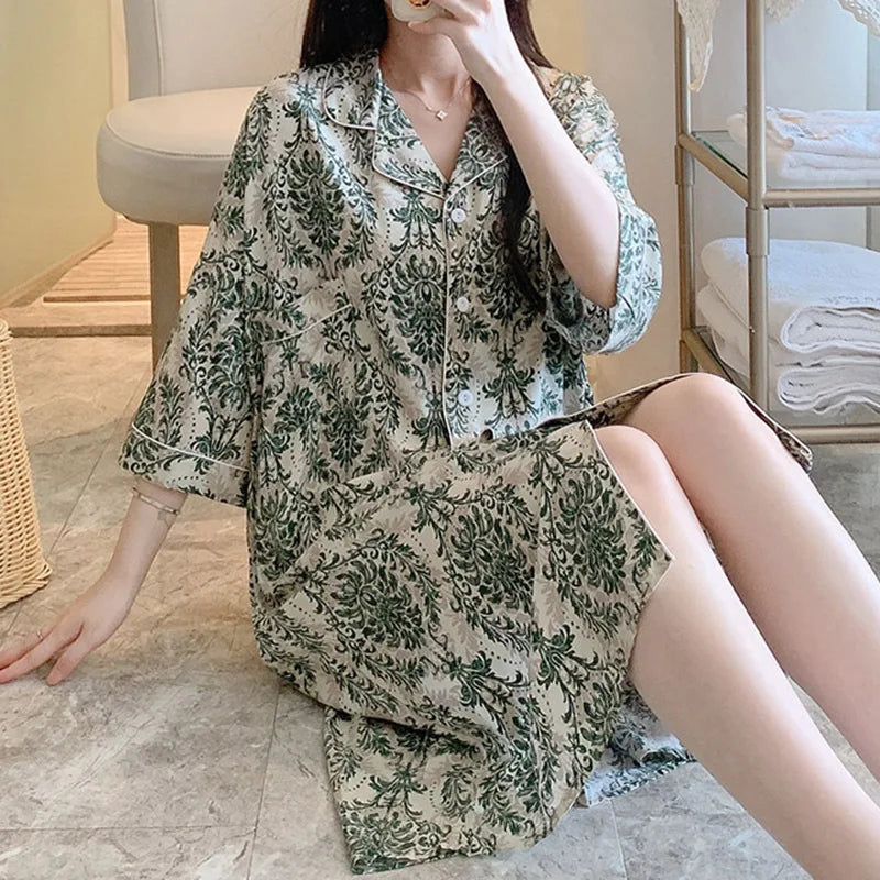 New Summer Nightgowns Women Nightwear Flower Cardigan Sleepwear Ladies Home Clothes Big Size Loungewear Women Pajamas Nighties