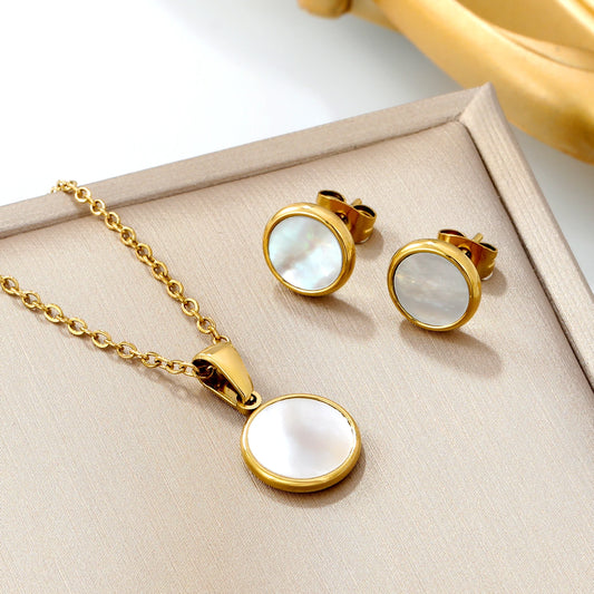 Clearly Shell Pendant Necklace Earrings Woman/Girls Stainless Steel Round Shape Charm Jewelry Set for Wedding Party