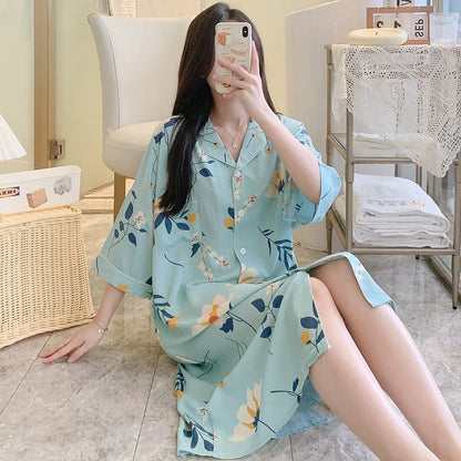 New Summer Nightgowns Women Nightwear Flower Cardigan Sleepwear Ladies Home Clothes Big Size Loungewear Women Pajamas Nighties