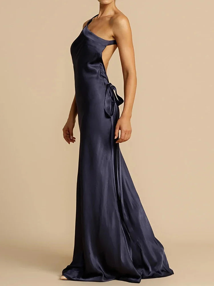 Chic Diagonal Collar Women Casual Dress Elegant Ladies Sleeveless Party Dress Female Sexy Hollow Out Solid Dresses 2024 Vestido