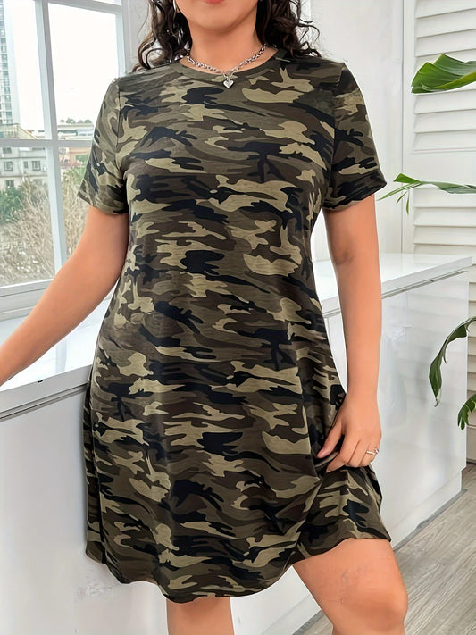 Plus Size Women Casual Dress Summer Comfortable short sleeve simple Female Dress Camouflage Print Holiday Theme Dress