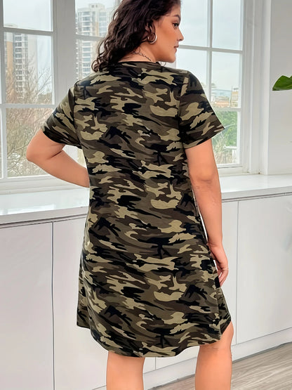 Plus Size Women Casual Dress Summer Comfortable short sleeve simple Female Dress Camouflage Print Holiday Theme Dress