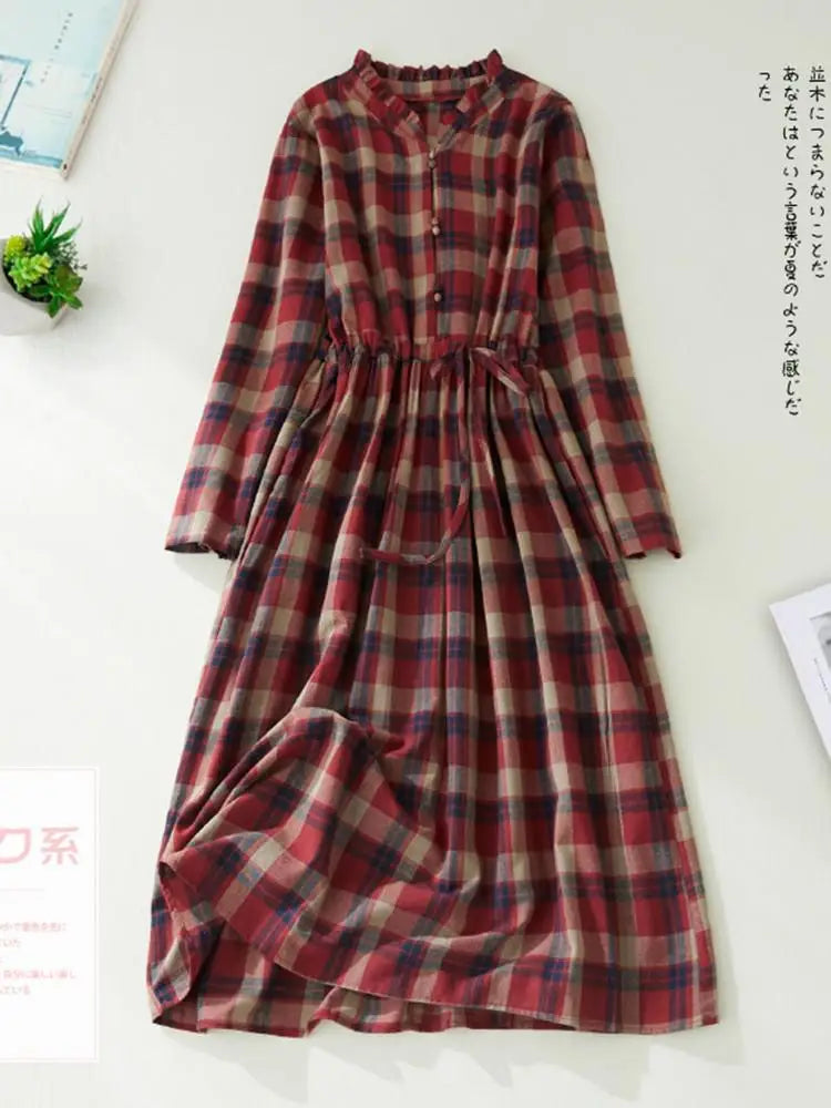 Women Casual Dress New Arrival 2022 Autumn Vintage Style Plaid Pattern Loose Comfortable Cotton Female A-line Long Dresses B2169
