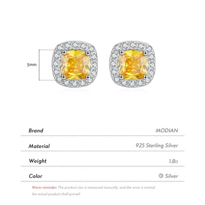 Yellow Sparkling Cubic Zirconia Platinum Plated Stud Earrings 925 Sterling Silver Earrings For Women Wedding Jewelry
