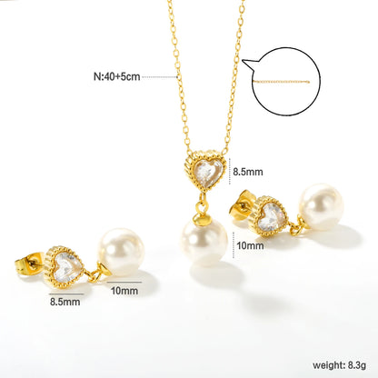 Stainless Steel Set Jewelry Woman Imitation Round Pearl Jewellry Sets Wedding Party Dangle Drop Earrings Necklace