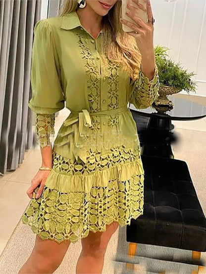 New Autumn Women Casual Dress Fashion Sexy Lace Hollow Solid Shirt Mini Dresses Long Sleeve Holiday Party Robe Femme