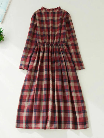 Women Casual Dress New Arrival 2022 Autumn Vintage Style Plaid Pattern Loose Comfortable Cotton Female A-line Long Dresses B2169