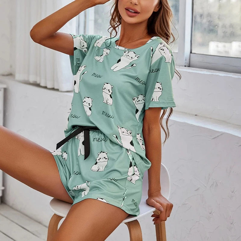Women's Pajamas Set Cartoon Printed Sleepwear Home Clothes Summer Short Sleeved Tops and Shorts Pajama 2 Pieces Loungewear Women