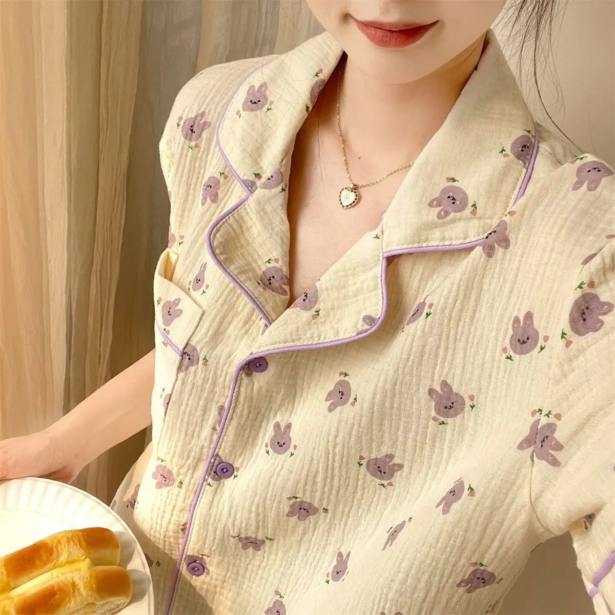 Rabbit Printing Ladies Pajamas Set Summer Kawaii Loungewear Women Green Homewear Cute Cartoon Korean Fashion Version Outfits