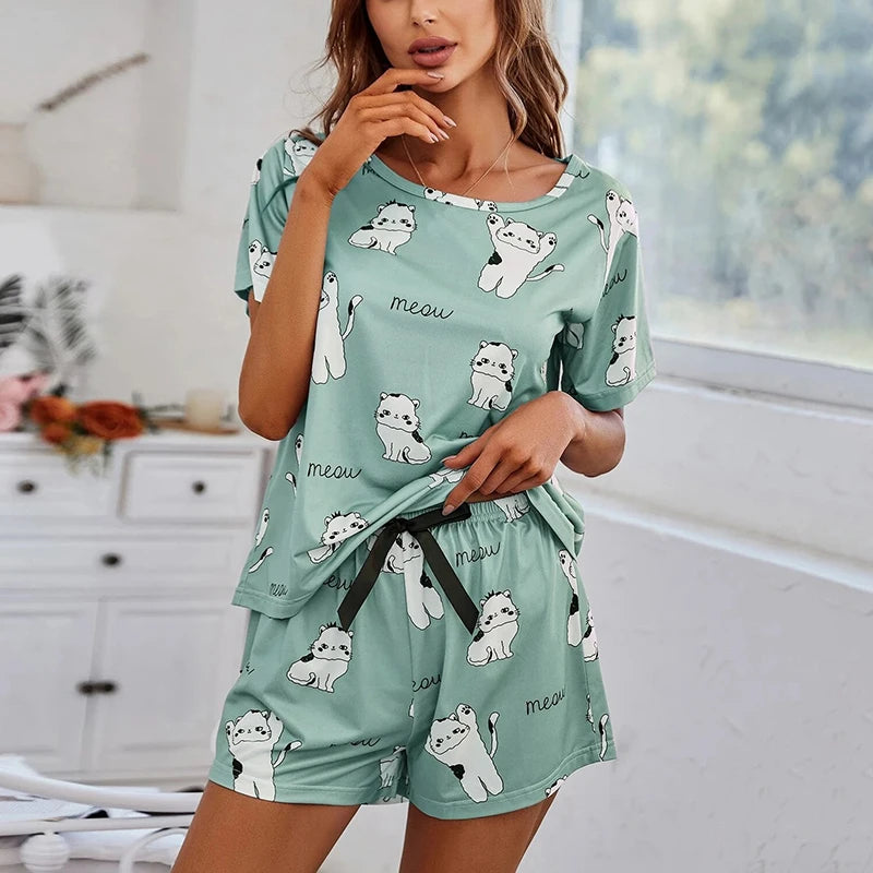 Women's Pajamas Set Cartoon Printed Sleepwear Home Clothes Summer Short Sleeved Tops and Shorts Pajama 2 Pieces Loungewear Women