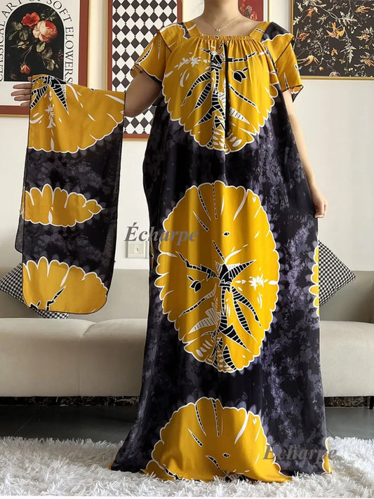 African Dashiki Dress Kaftan Abaya Cotton Boat-neck Floral Dress Printed Short Sleeve Loose Women Casual Dress with Scarf