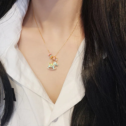 Luxury Sterling Silver 925 Necklace Real Gold Chains Elegant Women Macaron Carousel Horse Pendant Choker Dainty Christmas Gift