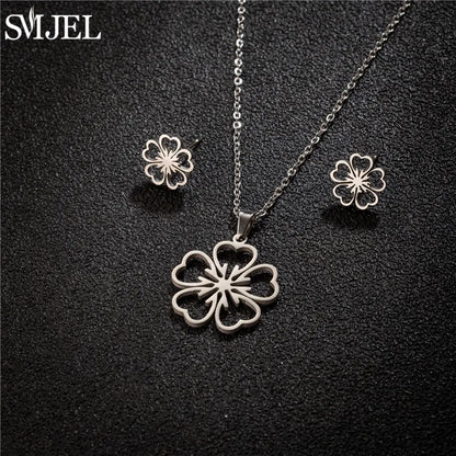 Stainless Steel Lily Flower Necklace Women Girls Golden Jewelry Sets Trendy Datura Cherry Blossom Earrings Wedding Gift