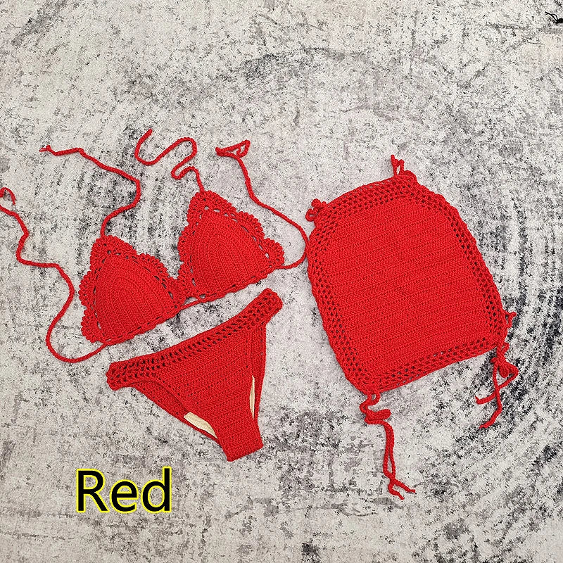 3 Piece Hand Crochet Beach Bikini Set Women Swimwear Cover UP Mini Skirt Swimsuit Suit