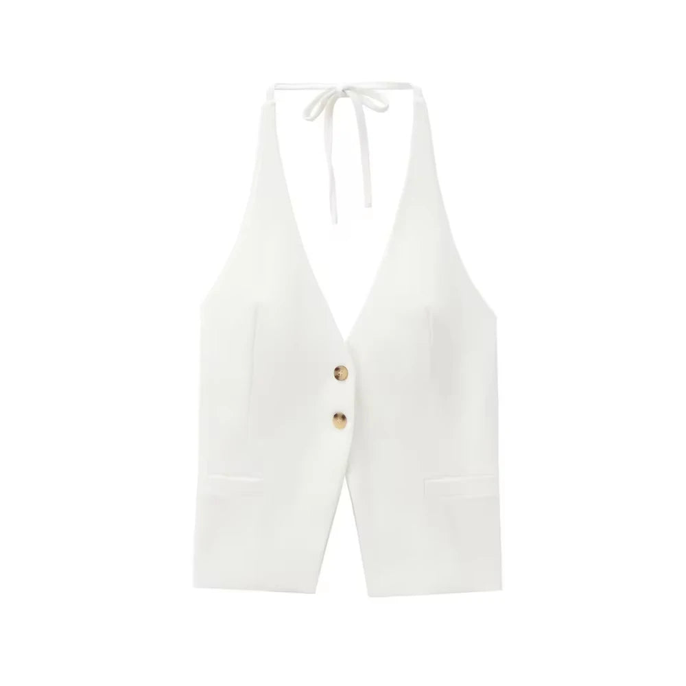 Front Button Tank Tops for Women, Tied Halter Neck, Backless, Female Camis, Sexy Fashion