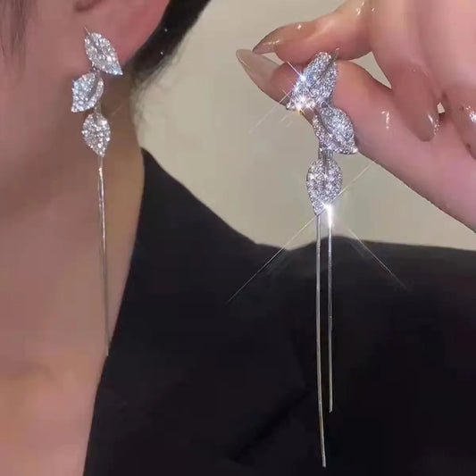 925 Silver Needle Crystal Leaf Long Tassel Earrings For Women 2025 Trending New Fairy Women's Drop Earrings Two Wearing Methods