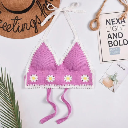 Beach Wear Women Swimwear Top Fashion Bohemian with Chest Pads Summer Sling Sexy Crochet Short Vest Street