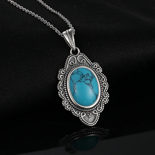 925 Silver Necklace Natural Turquoise Pendants Necklace Fine Jewelry for Women Vintage Party Gifts with Chain