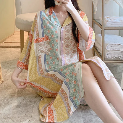 New Summer Nightgowns Women Nightwear Flower Cardigan Sleepwear Ladies Home Clothes Big Size Loungewear Women Pajamas Nighties