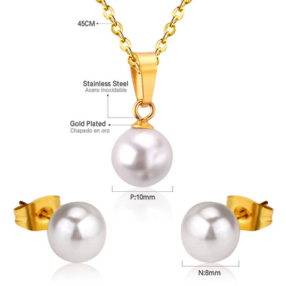 Stainless Steel Set Jewelry Woman Imitation Round Pearl Jewellry Sets Wedding Party Dangle Drop Earrings Necklace
