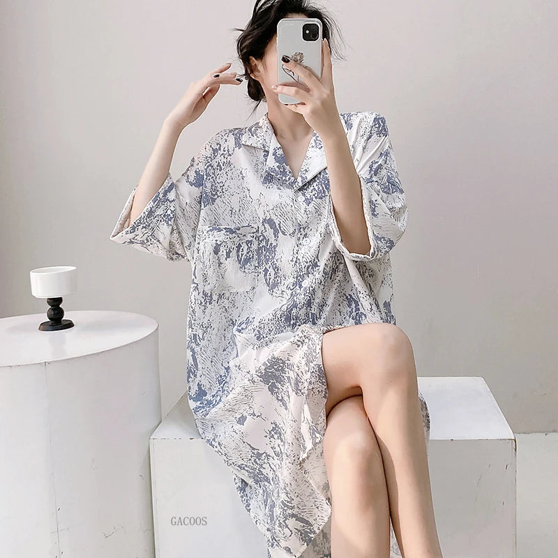 New Summer Nightgowns Women Nightwear Flower Cardigan Sleepwear Ladies Home Clothes Big Size Loungewear Women Pajamas Nighties