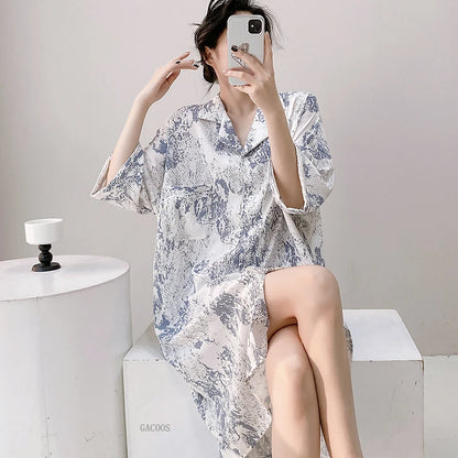 New Summer Nightgowns Women Nightwear Flower Cardigan Sleepwear Ladies Home Clothes Big Size Loungewear Women Pajamas Nighties