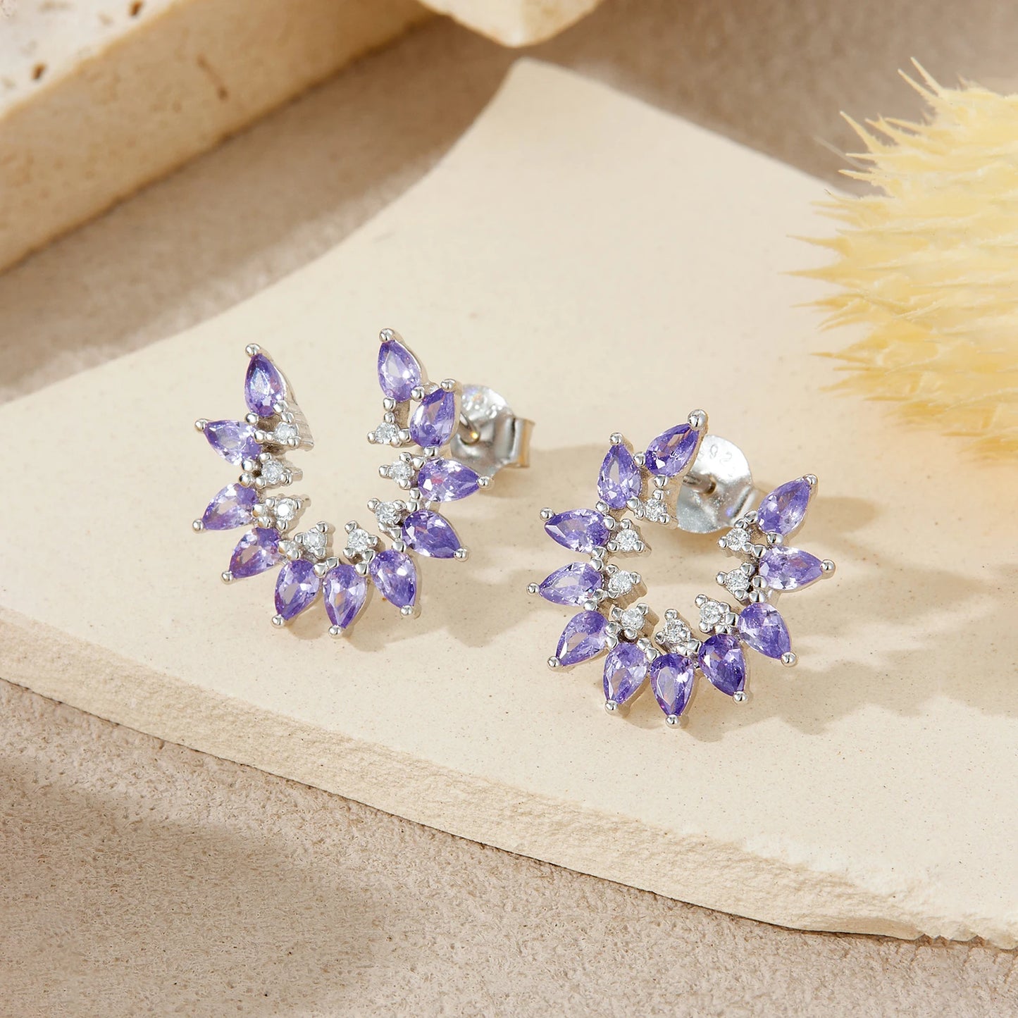 925 Sterling Silver Purple Pear Shape Zircon Flower Women Stud Earrings Vintage Luxury Jewelry Gift for Evening Party