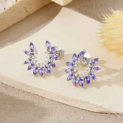 925 Sterling Silver Purple Pear Shape Zircon Flower Women Stud Earrings Vintage Luxury Jewelry Gift for Evening Party