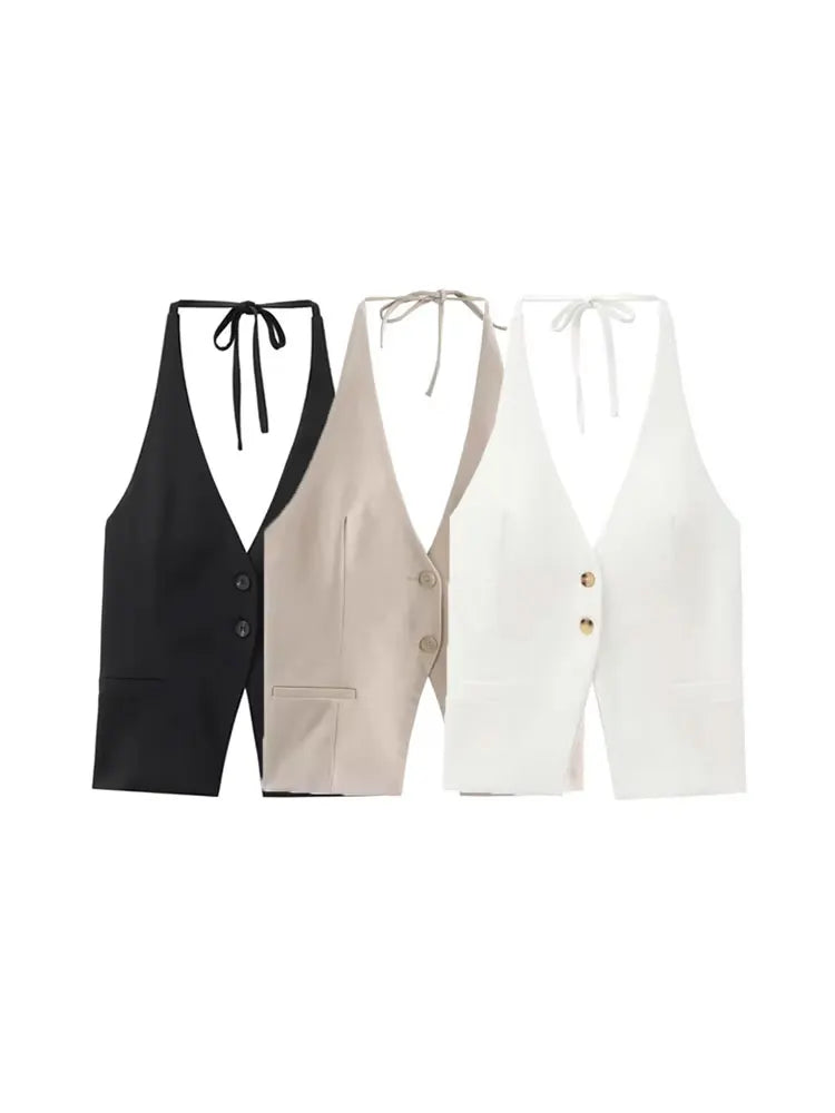 Front Button Tank Tops for Women, Tied Halter Neck, Backless, Female Camis, Sexy Fashion