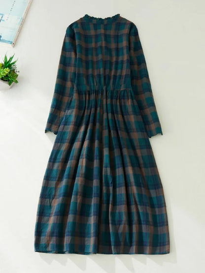 Women Casual Dress New Arrival 2022 Autumn Vintage Style Plaid Pattern Loose Comfortable Cotton Female A-line Long Dresses B2169