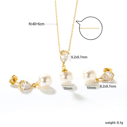 Stainless Steel Set Jewelry Woman Imitation Round Pearl Jewellry Sets Wedding Party Dangle Drop Earrings Necklace