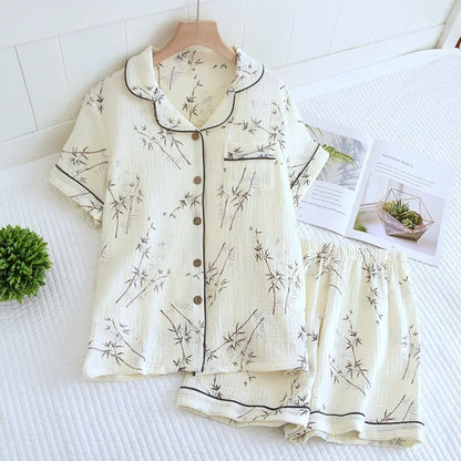 Summer Japanese Style Sweet Crepe Cotton Kimono Pajamas Lapel Cartoon Cute Printing Loose Loungewear Women 2 Piece Sleepwear