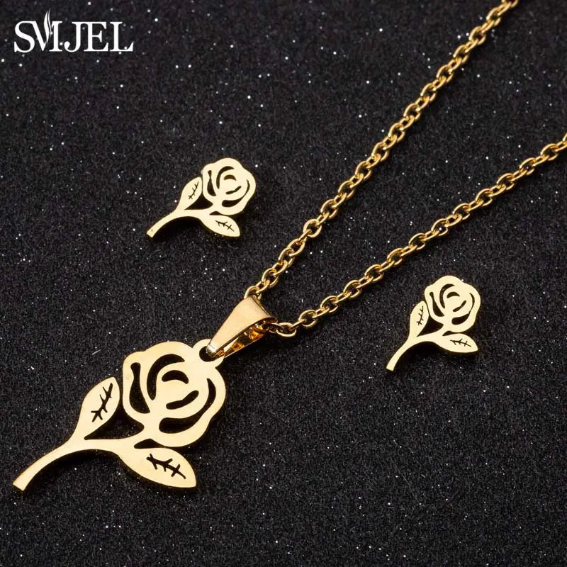 Stainless Steel Lily Flower Necklace Women Girls Golden Jewelry Sets Trendy Datura Cherry Blossom Earrings Wedding Gift