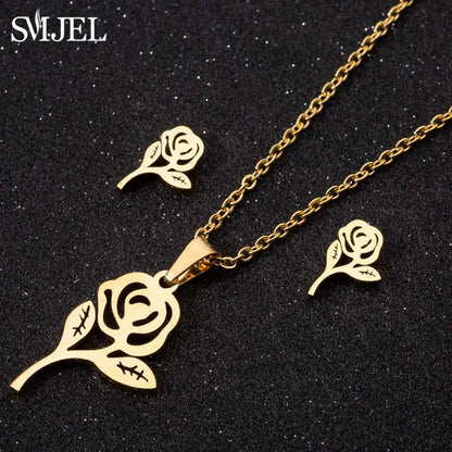 Stainless Steel Lily Flower Necklace Women Girls Golden Jewelry Sets Trendy Datura Cherry Blossom Earrings Wedding Gift